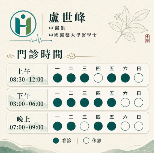 德州中醫診所 盧世烽醫師門診時間表