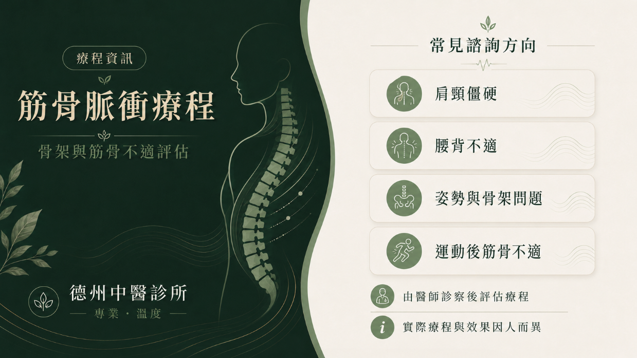 德州中醫診所 筋骨脈衝療程 肩頸僵硬腰背不適姿勢與骨架問題評估